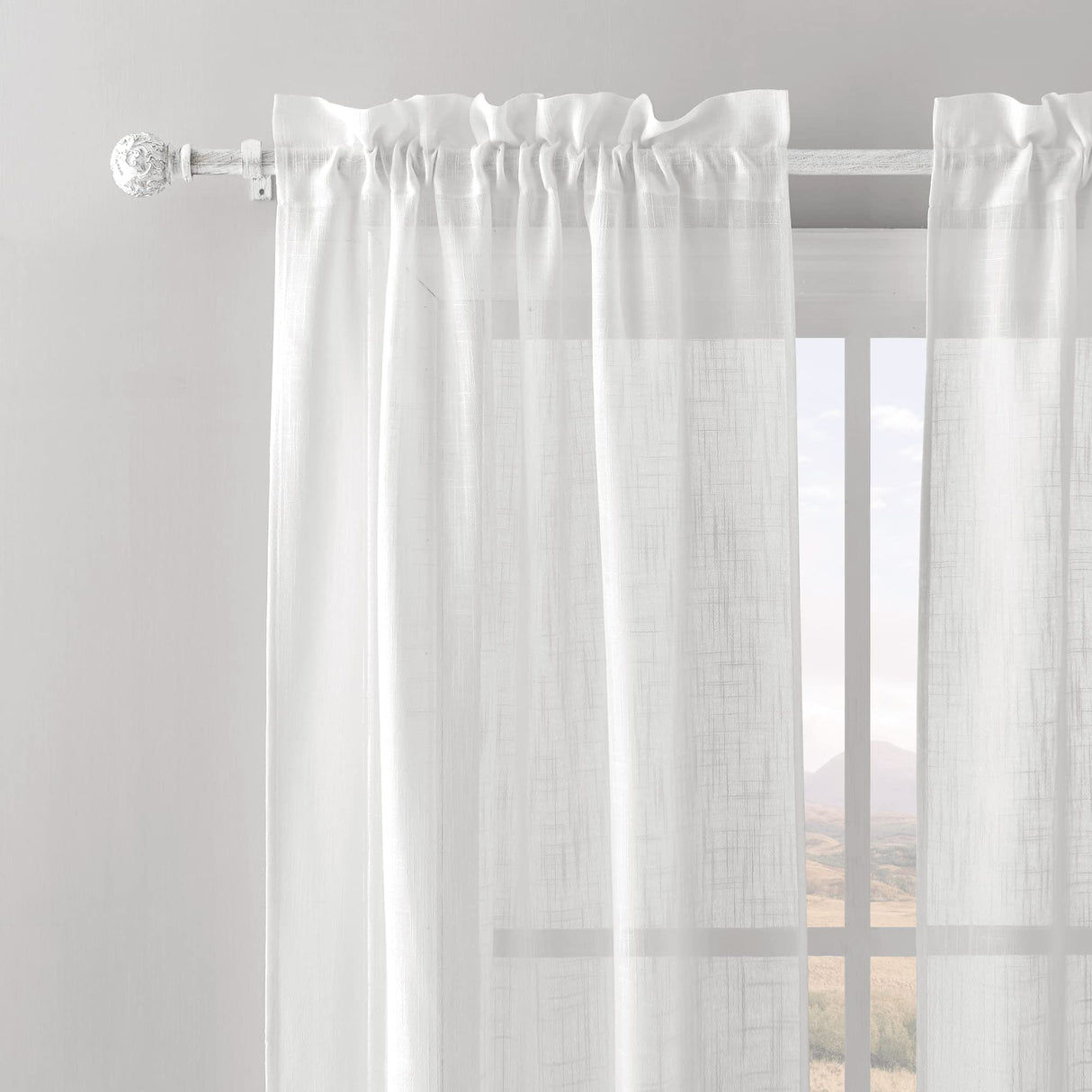 RYB HOME White Curtain Rod 48 to 86 Inch, 1 Inch Diameter Adjustable Telescoping Single Drapery Rod with Leaf Pattern Ball Finials Rustic Decor for Farmhouse Dining Room Decor Kids Bedroom RYB HOME