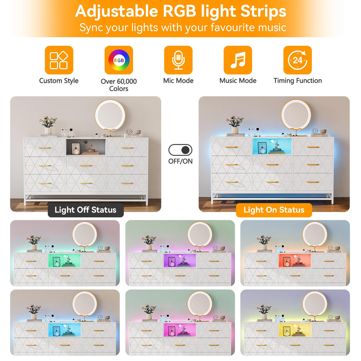 Patikuin 8 Deep Drawer White Dresser for Bedroom with Charging Station and LED Lights, 59" TV Dresser Wooden Large Long Dresser, Modern Chest of Drawers Storage Organizer for Closet, Living Room Patikuin