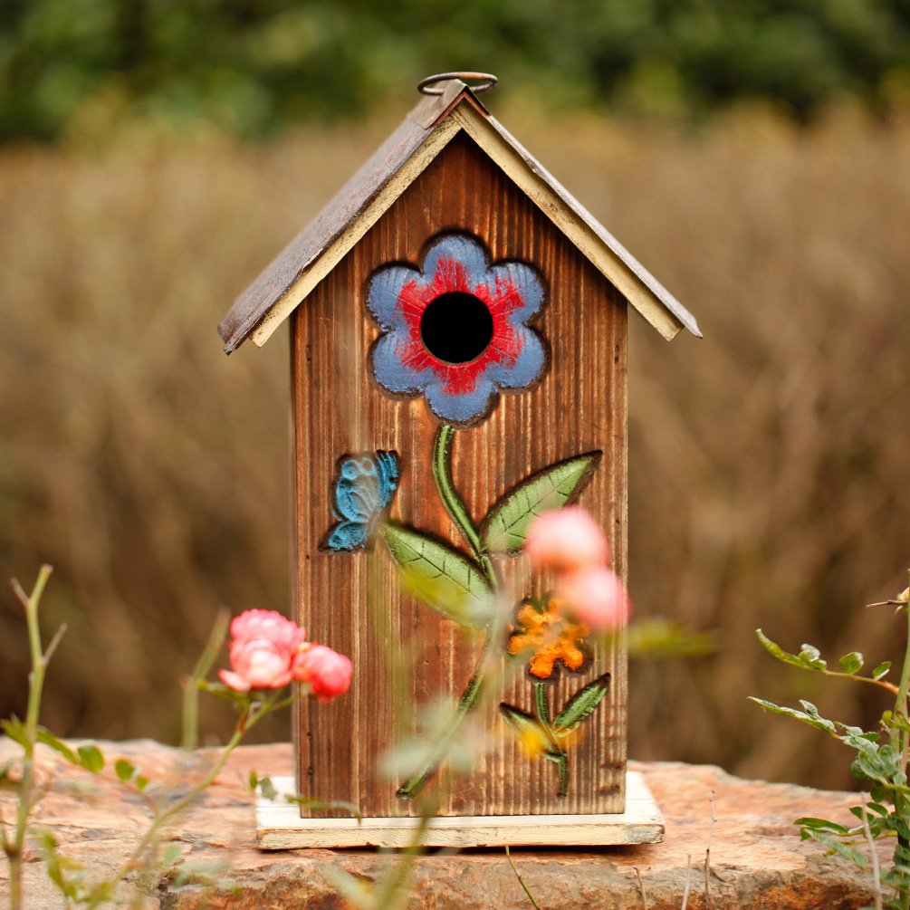 Topadorn Wooden Birdhouse Carved Floral Bird House for Outdoor Yard Garden Porch Patio Country Decor,Brown Hanging Bird House Topadorn
