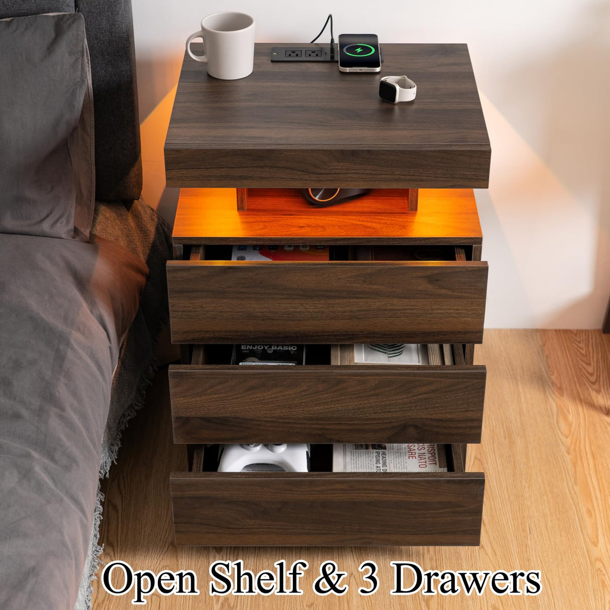 HOMMPA LED Nightstand with Wireless Charging Station & USB Ports, 3 Drawer Night Stand with LED Light RGB Adjustable Brightness, Smart Nightstand High Gloss Bedside Table for Bedroom Walnut HOMMPA