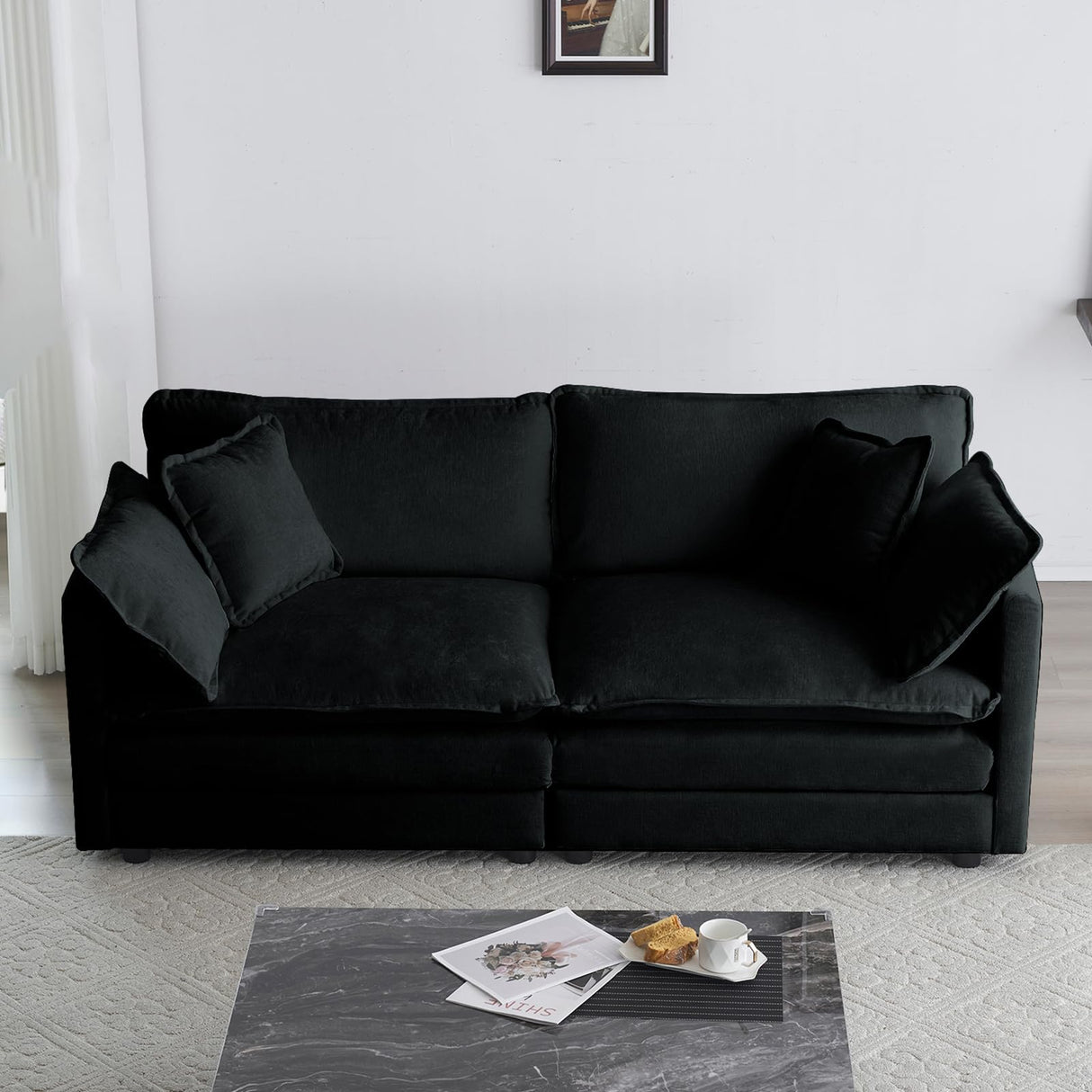 Neylory 76.7" Sofa Couch for Living Room, Modern Comfy Sofa with Extra Depth Seat and 2 Throw Pillow & 2 Armrest Pillow, Love Seat Chenille Couches for Living Room Small Space, Black Neylory