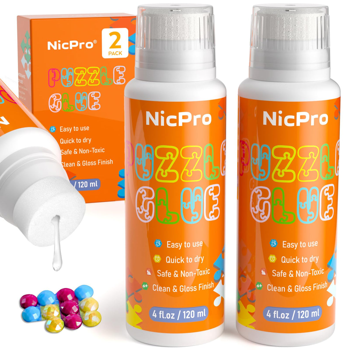Nicpro 2 Pack Jigsaw Puzzle Glue, 8 oz / 240ml with Sponge Head, Preserves Finished Puzzles, Quick-Drying, Non-Toxic & Clear Water-Soluble Puzzle Glue Kit for 1000/3000/5000 Pieces Nicpro
