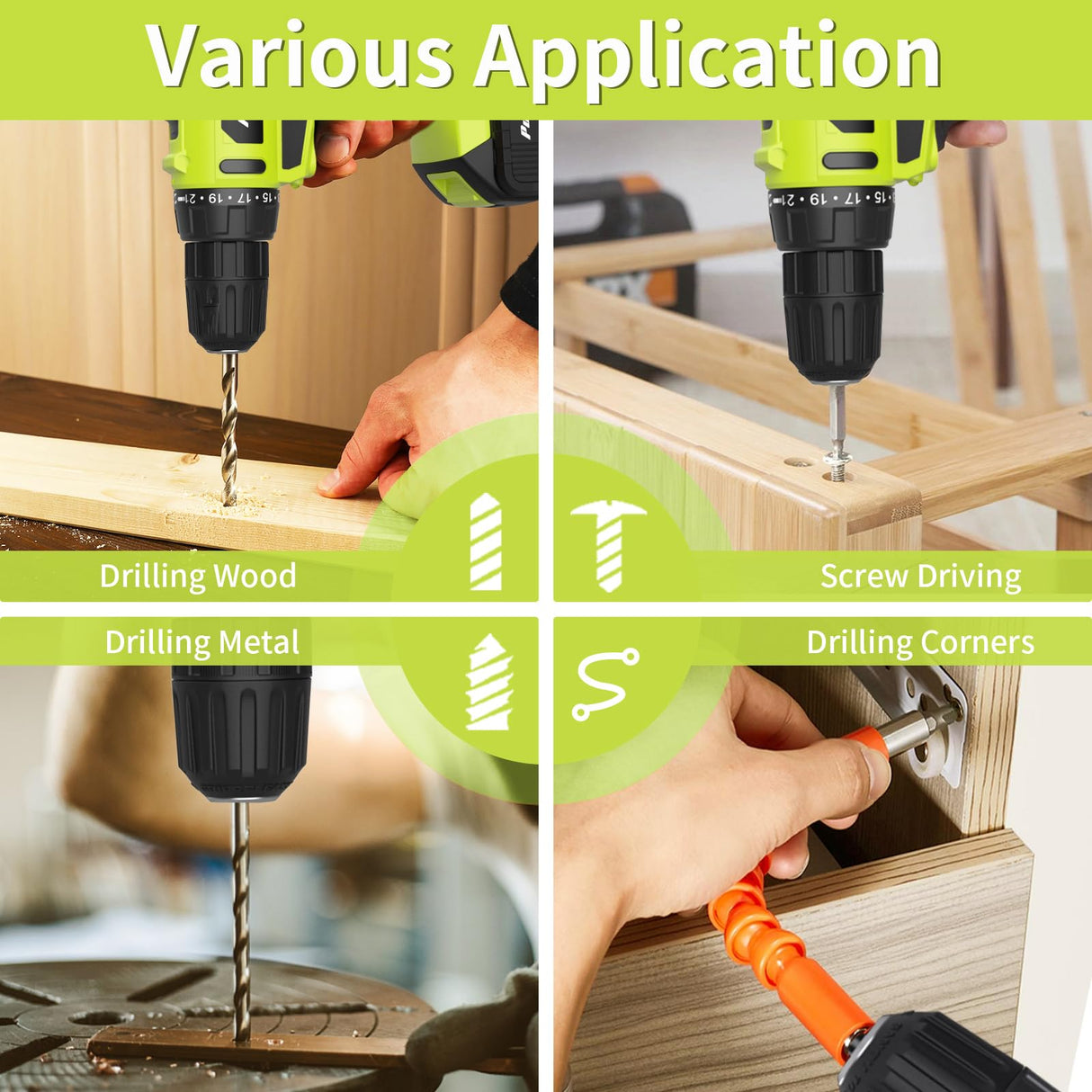 PULITUO'S 20V Cordless Drill/Driver, Electric Screwdriver - 2 Batteries, 30Nm, 21+1 Torque, 2 Speed, Keyless 3/8" Chase Drill with LED Light, Kit for Home (Green) PULITUO