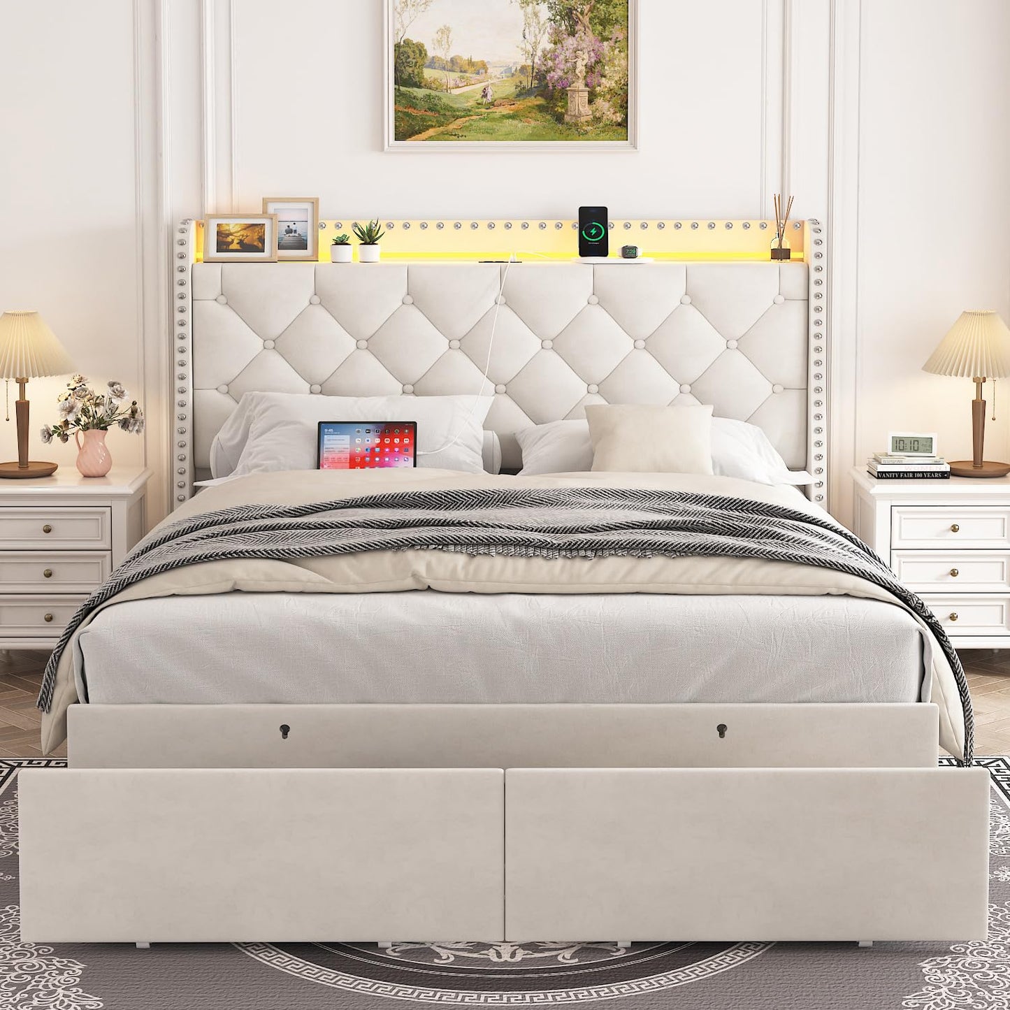 TIGUBFRE Queen Size Bed Frame with Storage Drawers, Upholstered Bed Frame with Wingback Diamond Tufted Headboard, LED Lights, Wood Slats Support, Easy Assembly, No Box Spring Needed, Beige