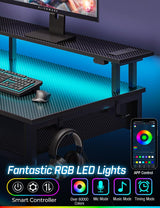 Rolanstar Computer Desk with Power Outlets & LED Light, 47 inch Home Office Desk with 3 Drawers and Storage Shelves, Writing Desk with Monitor Stand, Modern Work Desk for Home Office, Carbon Black Rolanstar