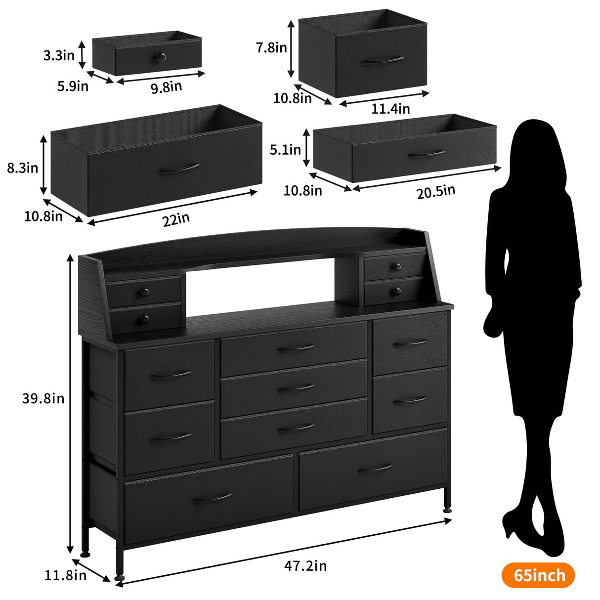 Fixwal Black Nursery Dresser for Bedroom with 13 Drawers, Fabric Chest of Drawers with PU Finish for Kids, Boys, Adults, Nursery, Living Room, Closet, Entryway, Hallway (No LED Lights) Fixwal