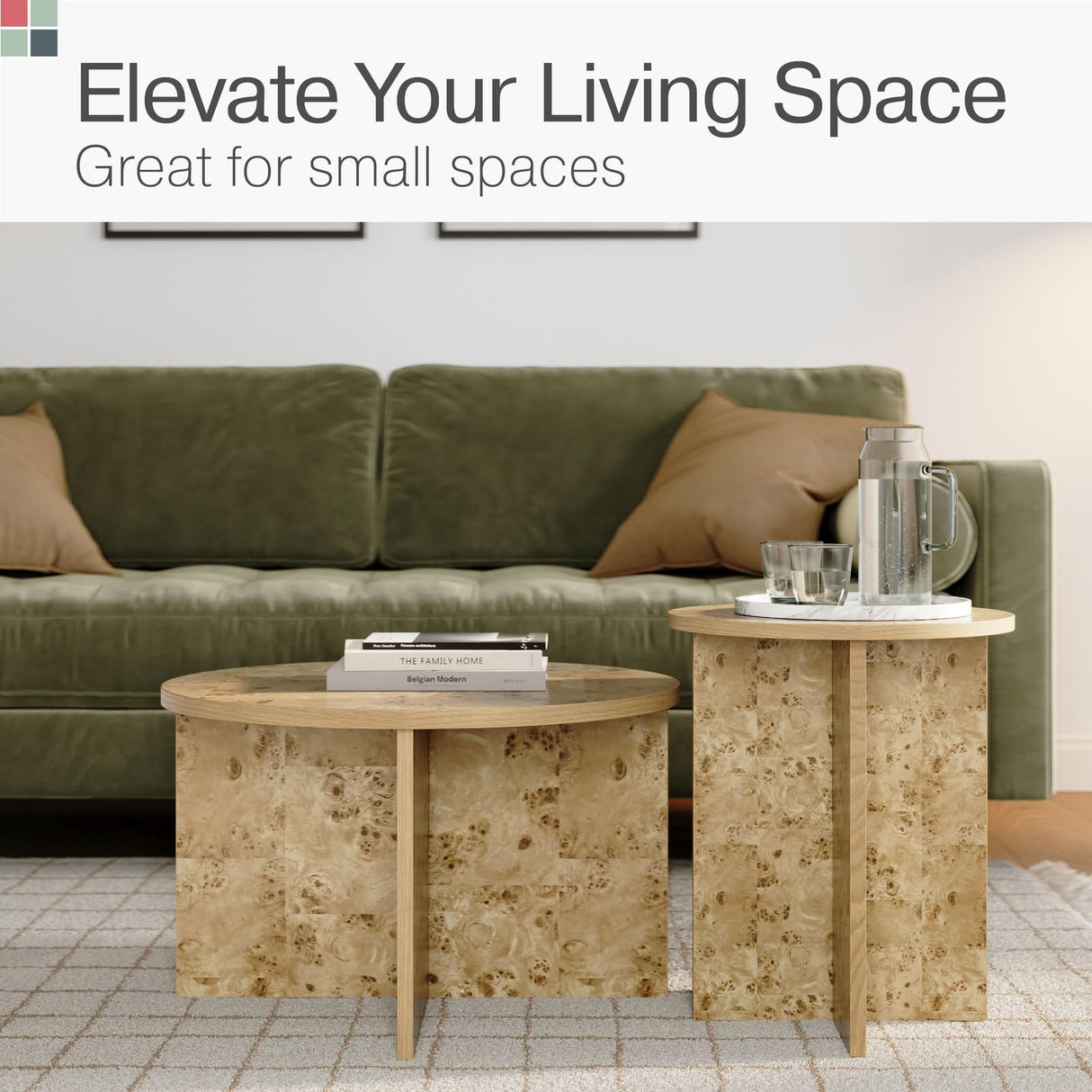 Burl Wood Round Nesting Coffee Tables - Modern Living Room Furniture - Organic Modern Drink Desk - Stylish Home Decor - 2 Piece Tables Set - Burl Top and Base Stead