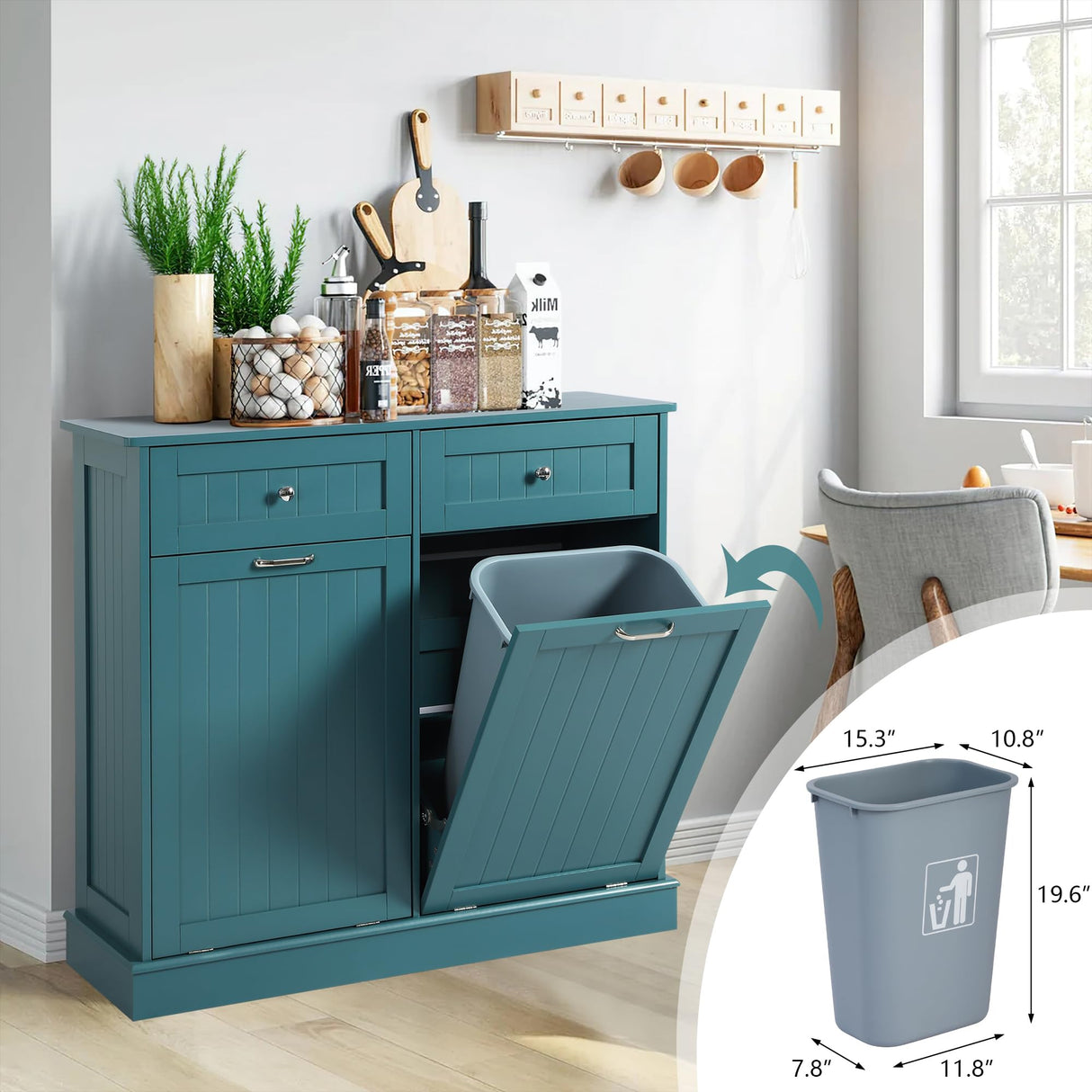 KIGOTY Double Tilt Out Trash Cabinet, Pet Proof Trash Can Cabinet with Countertop and Drawer, Trash Cabinet with Storage,Wooden Laundry Hamper for Kitchen, Teal Blue KIGOTY