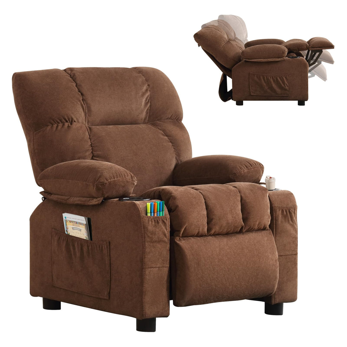 BOSMILLER Kids Recliner Chair， Push Back Toddler Recliner with Cup Holders & Side Pockets， Adjustable Footrest & Headrest Kids Sofa for Boys Girls 3+ Age Group (Deep Brown) BOSMILLER