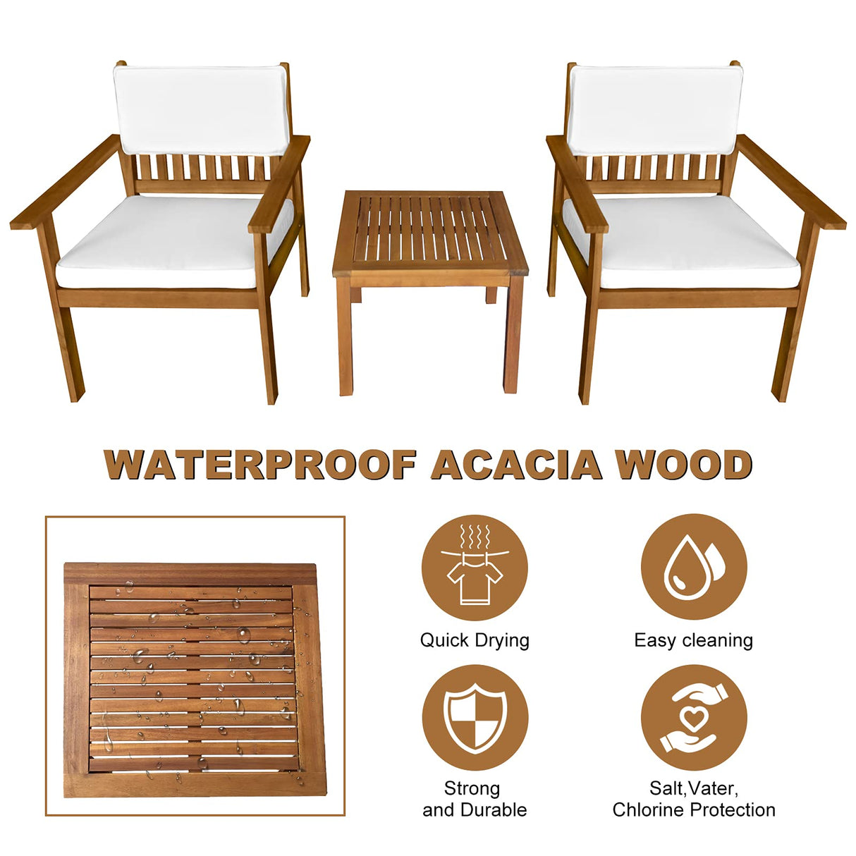 Dkeli Wood Patio Bistro Set 3 Pieces Outdoor Patio Furniture Set Table and Chairs Acacia Wooden Conversation Table Sets Sofa Chair with Padded Cushions for Garden, Backyard, Poolside, Balcony Dkeli