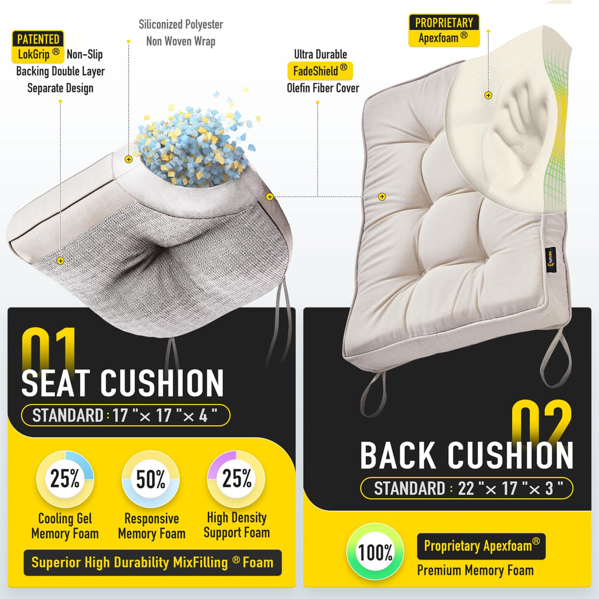 SUNROX Memory Foam Non Slip Rocking Chair Cushion, FadeShield Water Resistant Thicken Durable Tufted Pads, Set of Seat & Back Cushion with Ties for Indoor/Outdoor Rocker, 2 Piece, Cream SUNROX
