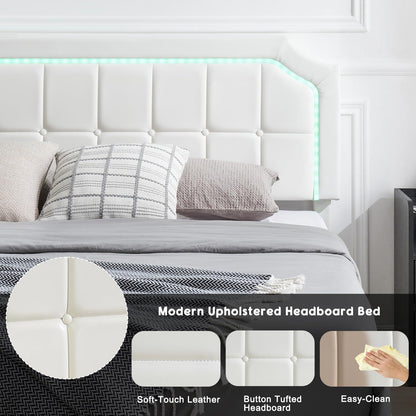 GarveeHome Modern King Size Floating Bed Frame with Adjustable LED Headboard and Easy Assembly in White - WoodArtSupply