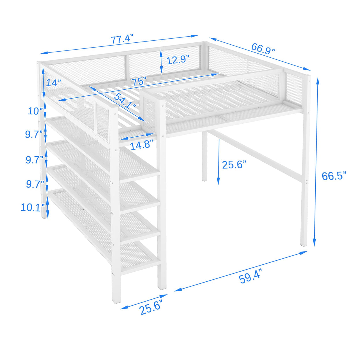 Bellemave Full Size Loft Bed with 4-Tier Shelves and Storage, Metal Loft Bed with Bookshelf, Full Size Loft Bed with Storage Stairs(White) Bellemave