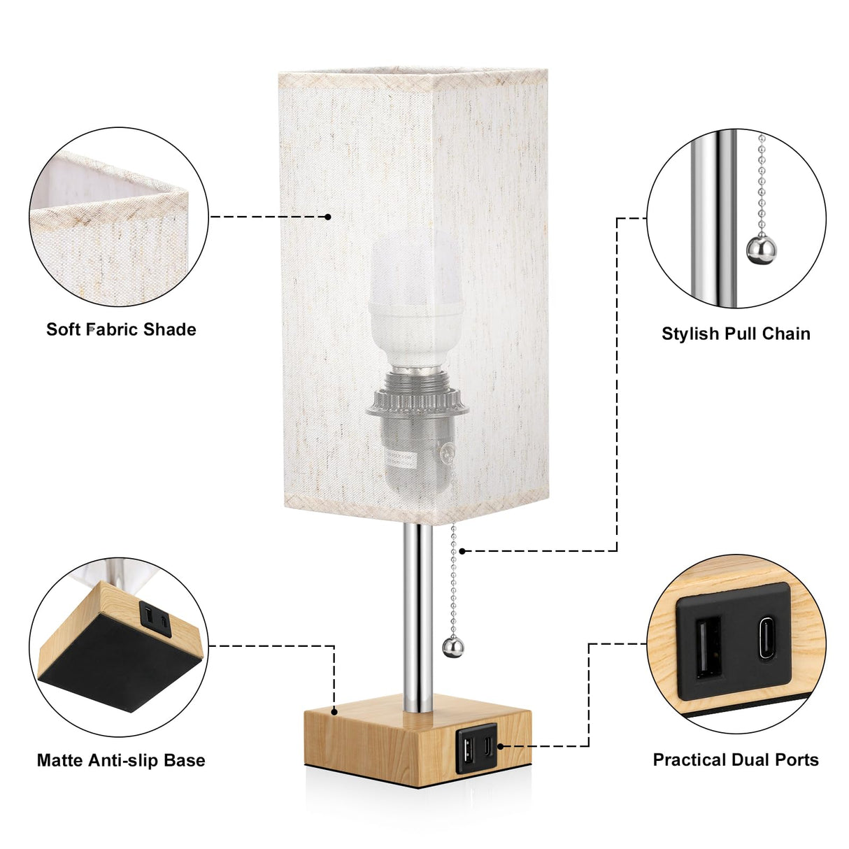 Wood Grain Bedside Table Lamps Set of 2 - Bedroom Lamps with 3 Color Temperatures (3000K/5000K/4000K), Two Square Nightstand Lamps with USB C + A Charging Ports, Pull Chain Small Night Light aooshine