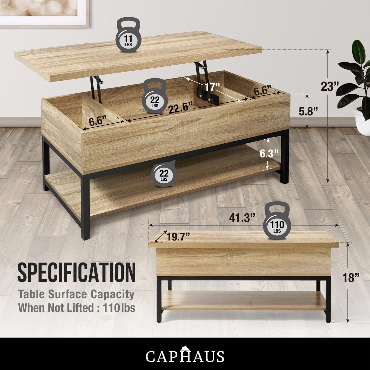 CAPHAUS Lift Top Coffee Table w/Storage, Coffee Table w/Bottom Open Shelf, Storage Coffee Table w/Lift Top for Living Room, Rising Top Coffee Table w/Hidden Compartment Storage, 41" Natural O - WoodArtSupply