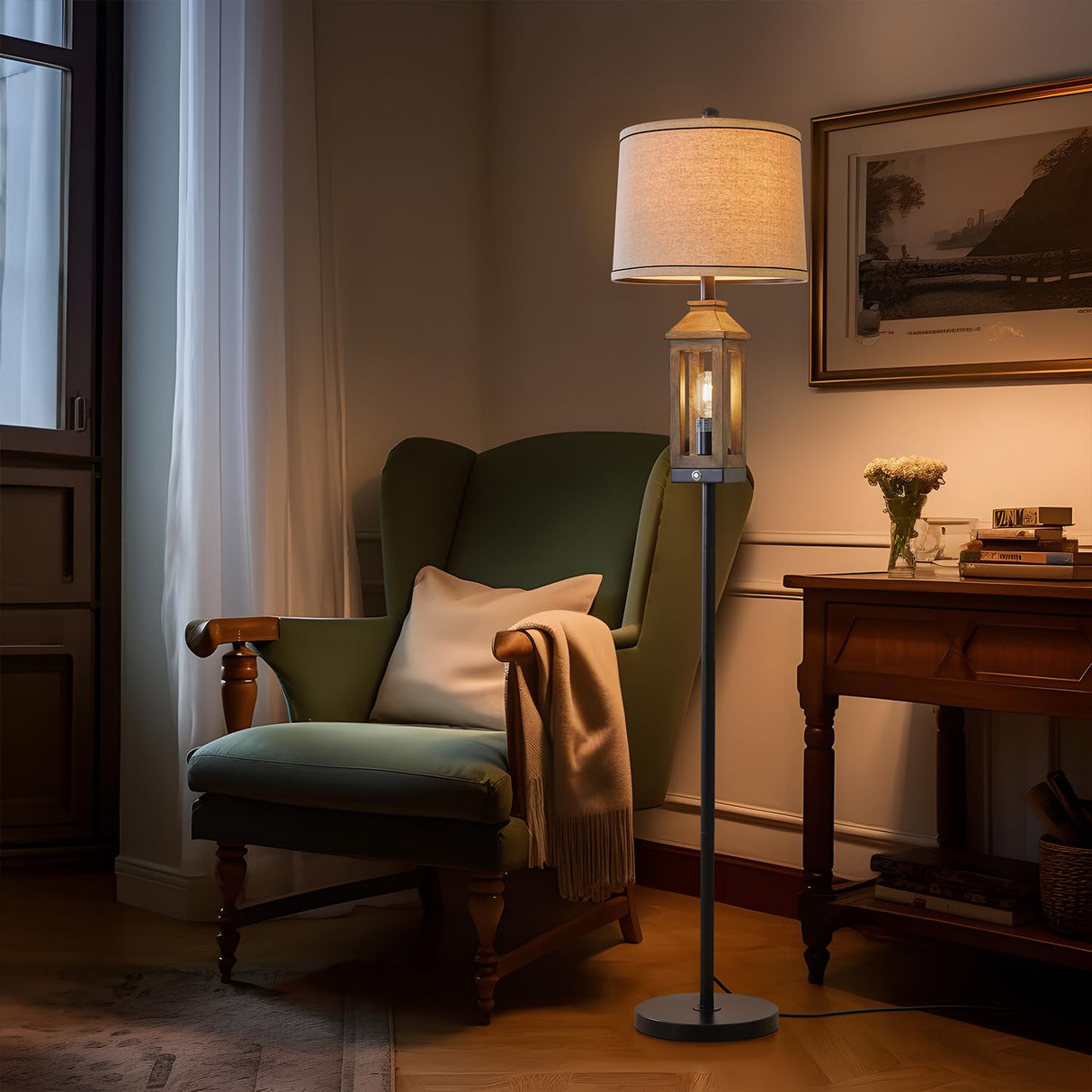 G-SAFAVA 63" Farmhouse Floor Lamps for Living Room Bedside Nightstand Lamp Black Tall Standing Lamp for Home Decor Bedroom Reading Wood Lamp Rustic Bed Lights with 2 Light Sources G-SAFAVA