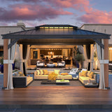 YOLENY 12' x 16' Ultra-Thick Faux Wood Grain Aluminum Frame Hardtop Gazebo, Vertical Stripe Galvanized Steel Double Roof, Outdoor Patio Gazebo Pergolas with Netting and Curtains YOLENY