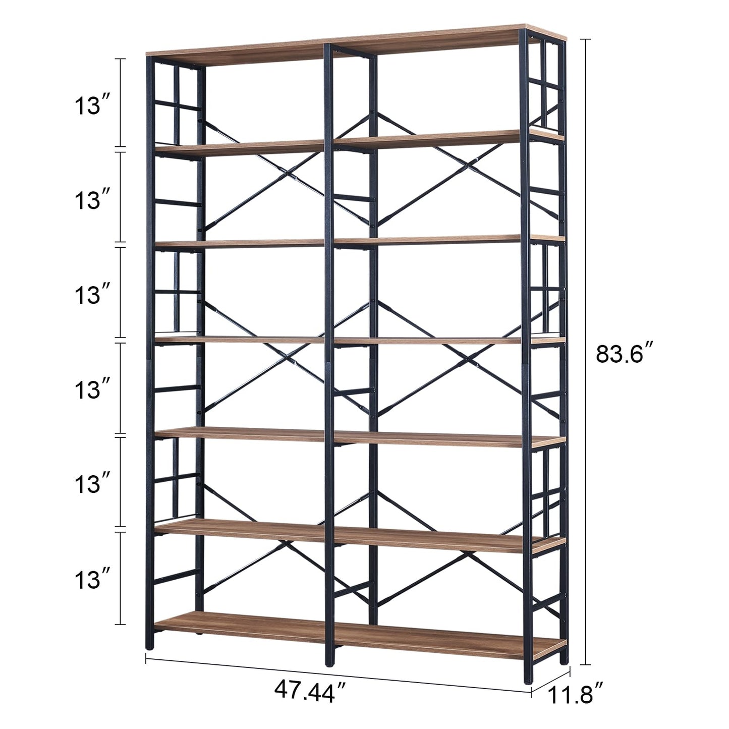 HOMISSUE 84" Industrial Double Wide 7-Tier Bookshelf in Rustic Brown - WoodArtSupply