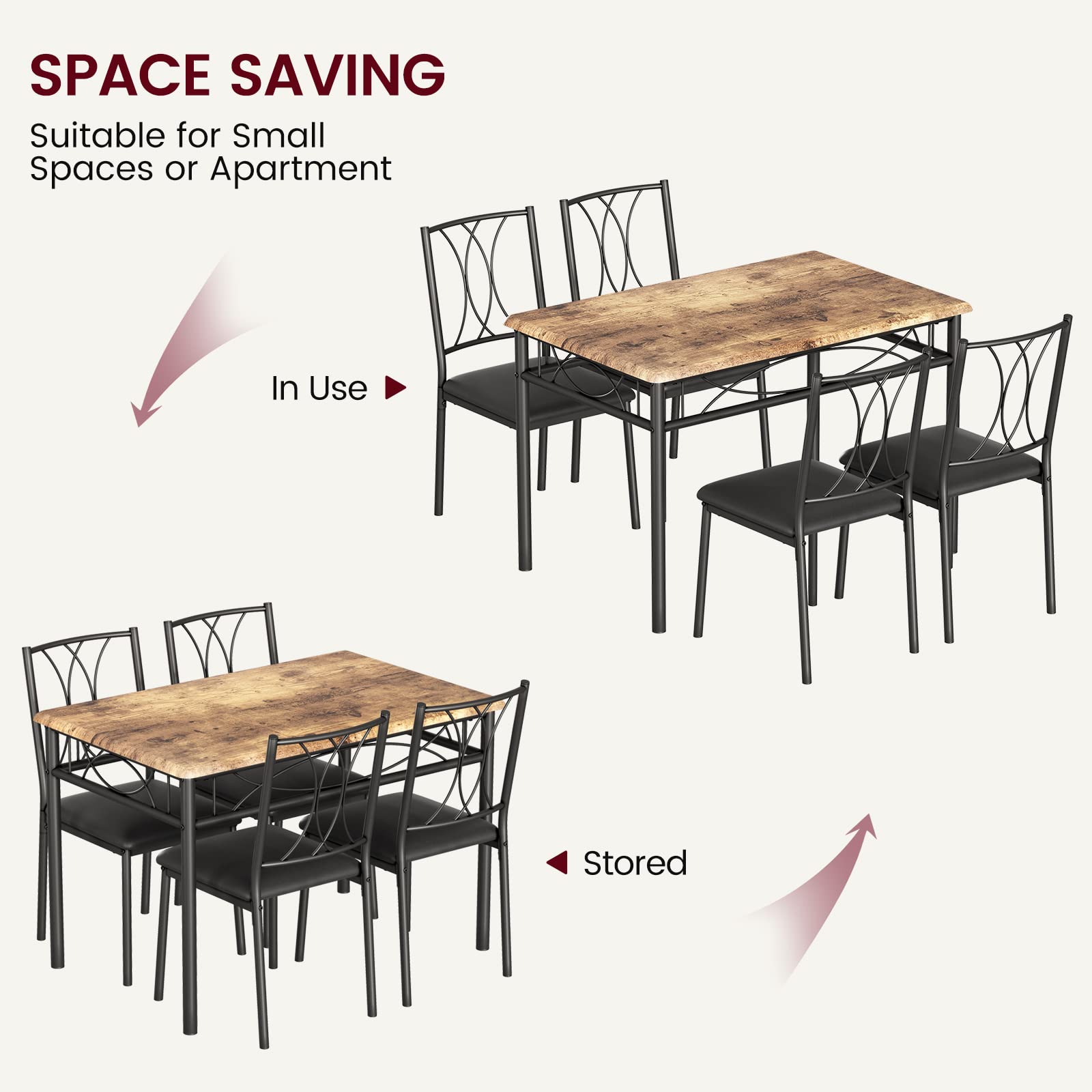 CABIHOME Dining Table Set, 5 Piece Dining Table Set for 4, Rectangle Kitchen Table Set with 4 Upholstered Chairs, Dining Table Set for Small Space, Apartment, Retro Brown - WoodArtSupply