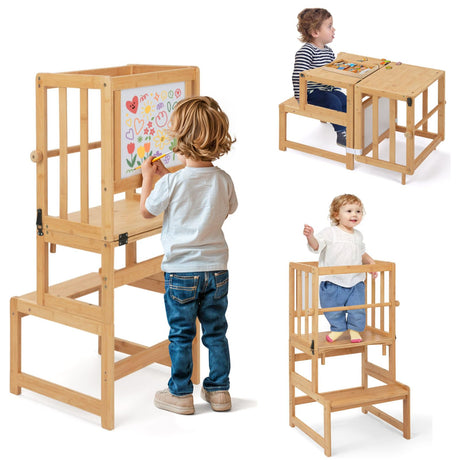 COSYLAND 3-in-1 Toddler Standing Tower with Whiteboard, Kids Kitchen Step Stool Convertible into Desk Table and Chair, Toddler Kitchen Stool Helper with CPC,SOR and CE Certified - Natural COSYLAND