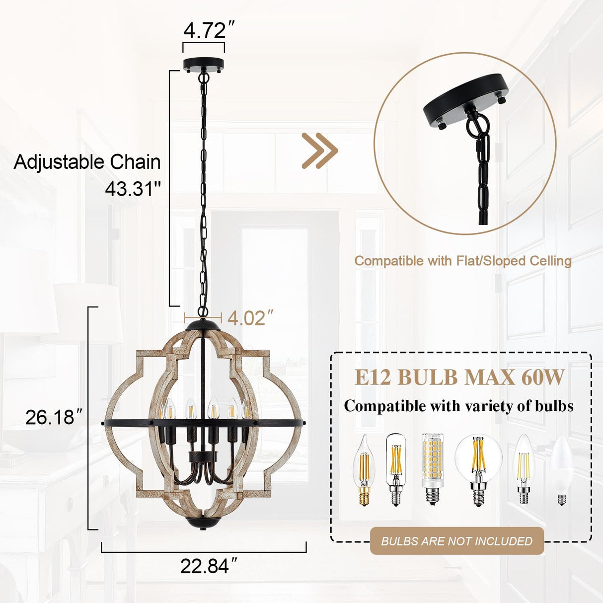 TACDANDM Farmhouse Chandelier for Dining Room Vintage Rustic Oak Distressed White 23'' 6-Light Wood Pendant Lighting Globe Hanging Ceiling Light Fixtures for Entryway Foyer Kitchen Living Room TACDANDM