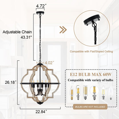 TACDANDM Farmhouse Chandelier for Dining Room Vintage Rustic Oak Distressed White 23'' 6-Light Wood Pendant Lighting Globe Hanging Ceiling Light Fixtures for Entryway Foyer Kitchen Living Room