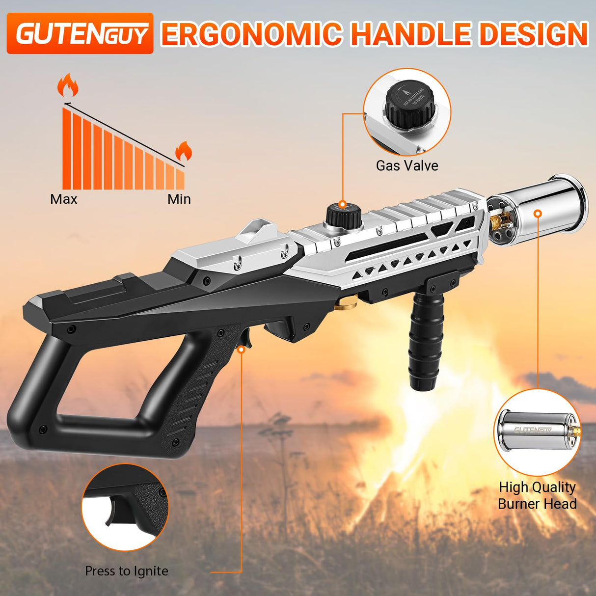 Gutenguy Powerful Propane Grill Torch Gun, Sous Vide Torch With Adjustable Flame, Flame Torch Thrower Gun Charcoal Lighter for BBQ, Campfire, Searing Steak, Cooking (Tank Not Included) Gutenguy
