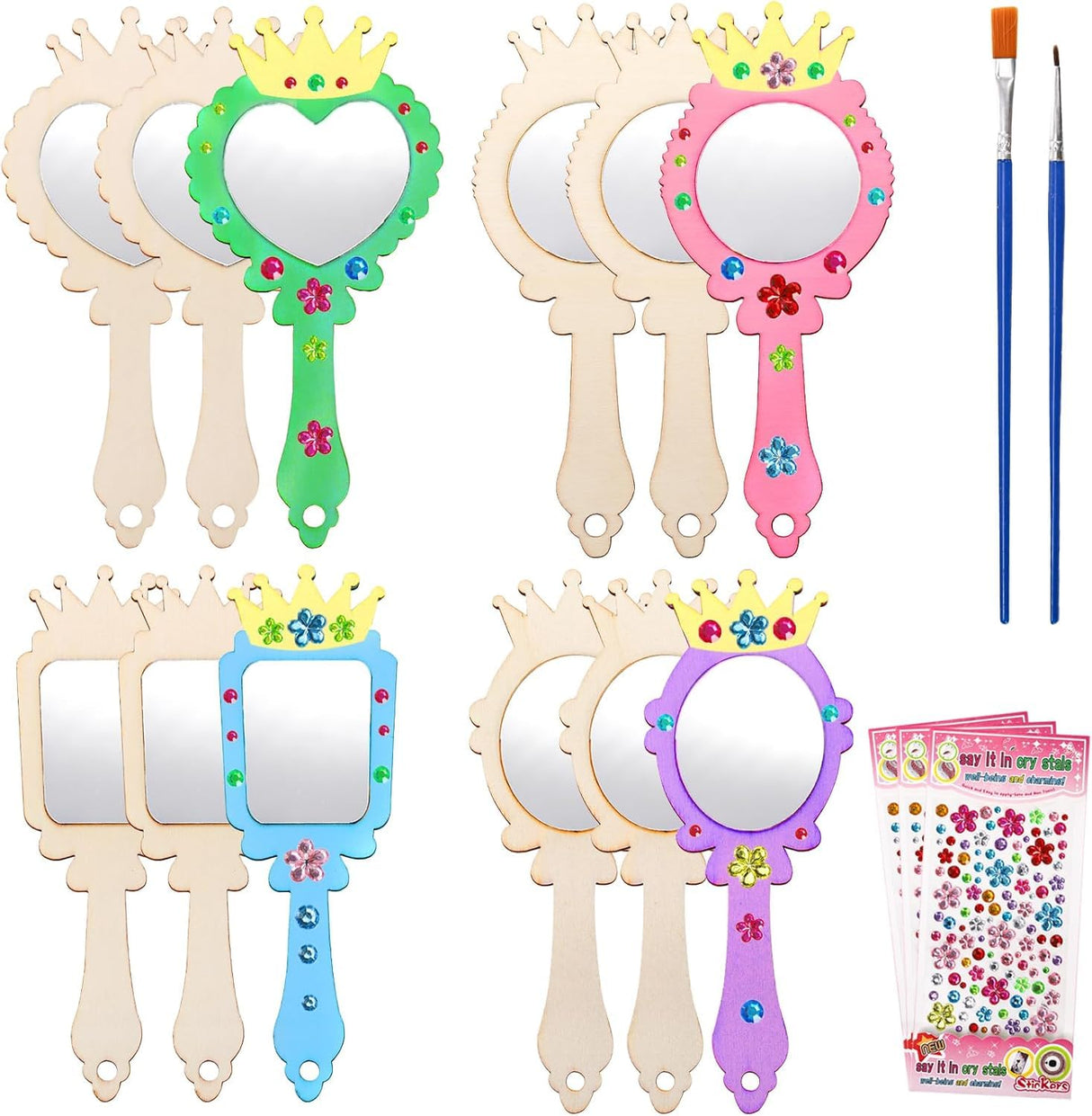 Coloch 12 Pack Wood Mirror Crafts for Kids, DIY Mini Wooden Princess Mirror Unfinished Handheld Mirrors with 2 Painting Brushes and 3 Stickers for Handmade Craft, Birthday, Gift Coloch