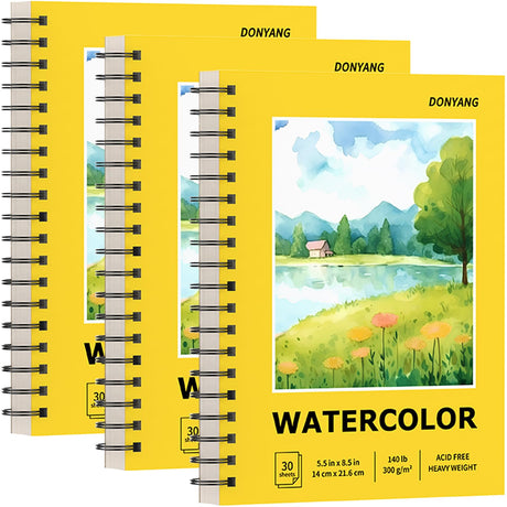 Watercolor Paper Pad, 5.5" x 8.5" Spiral Bound Art Sketch Book, Pack of 3 (90 Sheets),(140lb/300g) Artist Water Color Drawing Paper for Kids Adults, Art Supplies for Teens, Mixed Media Markers Journal Donyang