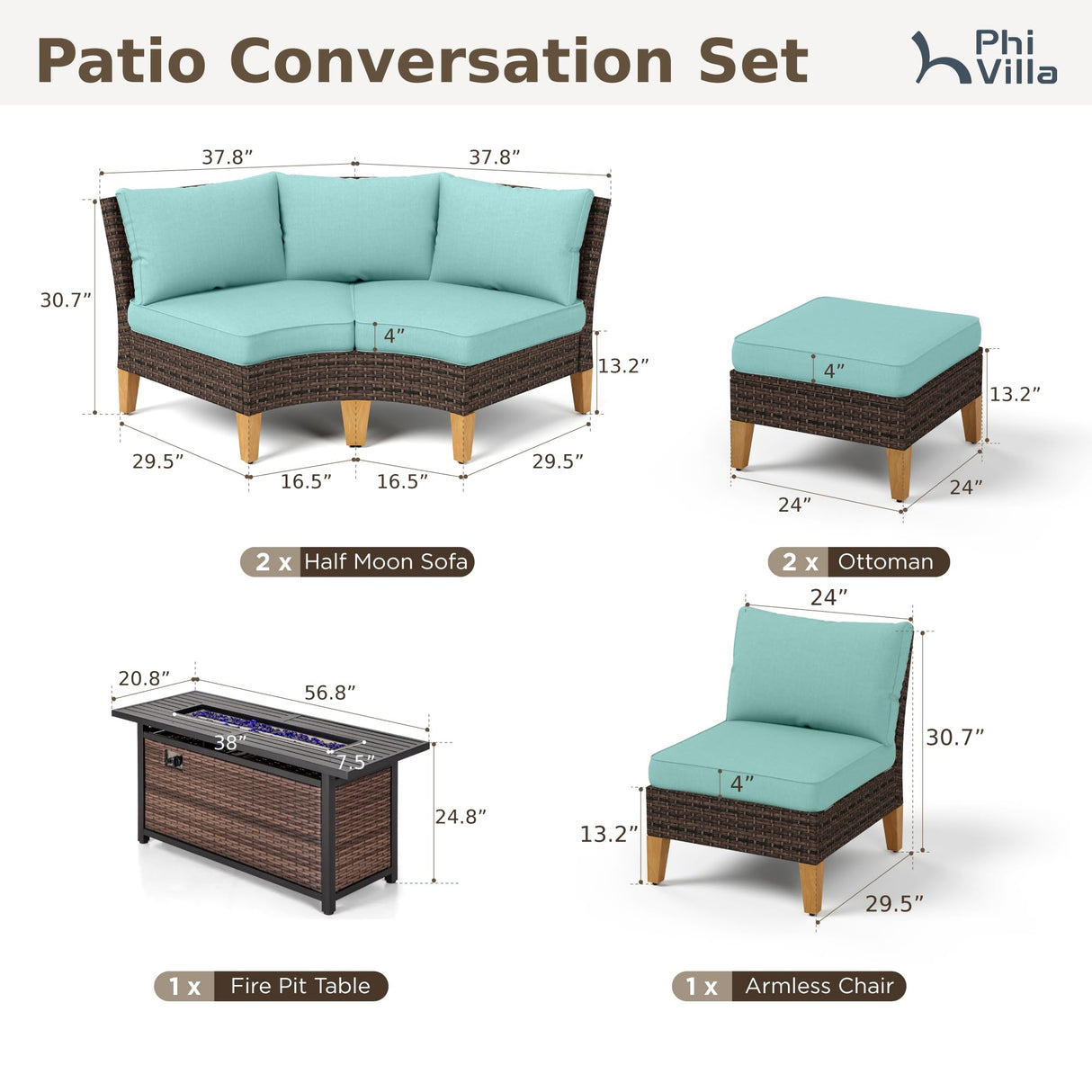 PHI VILLA 6-Piece Wicker Patio Furniture Set with Fire Pit Table, Outdoor Half-Moon Curved Sectional Sofa with Cushions, 56” Gas Fire Pit Table and Ottomans, Aqua Blue PHI VILLA