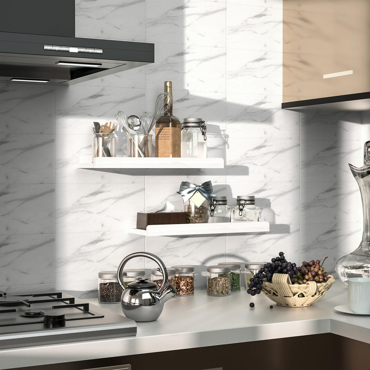 Love-KANKEI Floating Shelves Wall Mounted Set of 2, 17 Inch Rustic Wood Wall Shelves for Storage, Bedroom Living Room Bathroom Kitchen Office and More White Love-KANKEI