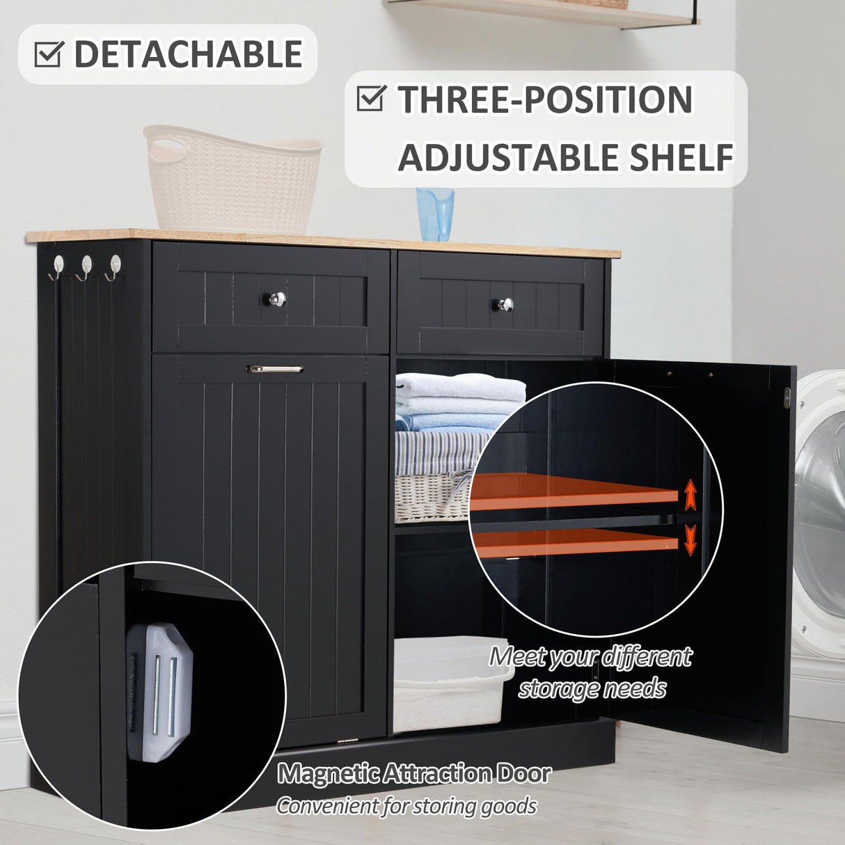 Spurgehom 13 Gallons Tilt Out Trash Cabinet Kitchen Waste Bins Modern Kitchen Trash Cabinet with Adjustable Shelf and Hideaway Drawers, Pet Proof Trash Can Holder for Kitchen Living Room, Black Spurgehom