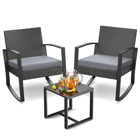 Noelse 3 Piece Wicker Patio Furniture Set, Outdoor Rocking Chairs, Outdoor Furniture with Table & Cushions, Patio Chairs Balcony Porch Furniture, Gray Noelse