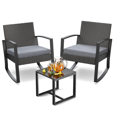 Noelse 3 Piece Wicker Patio Furniture Set, Outdoor Rocking Chairs, Outdoor Furniture with Table & Cushions, Patio Chairs Balcony Porch Furniture, Gray
