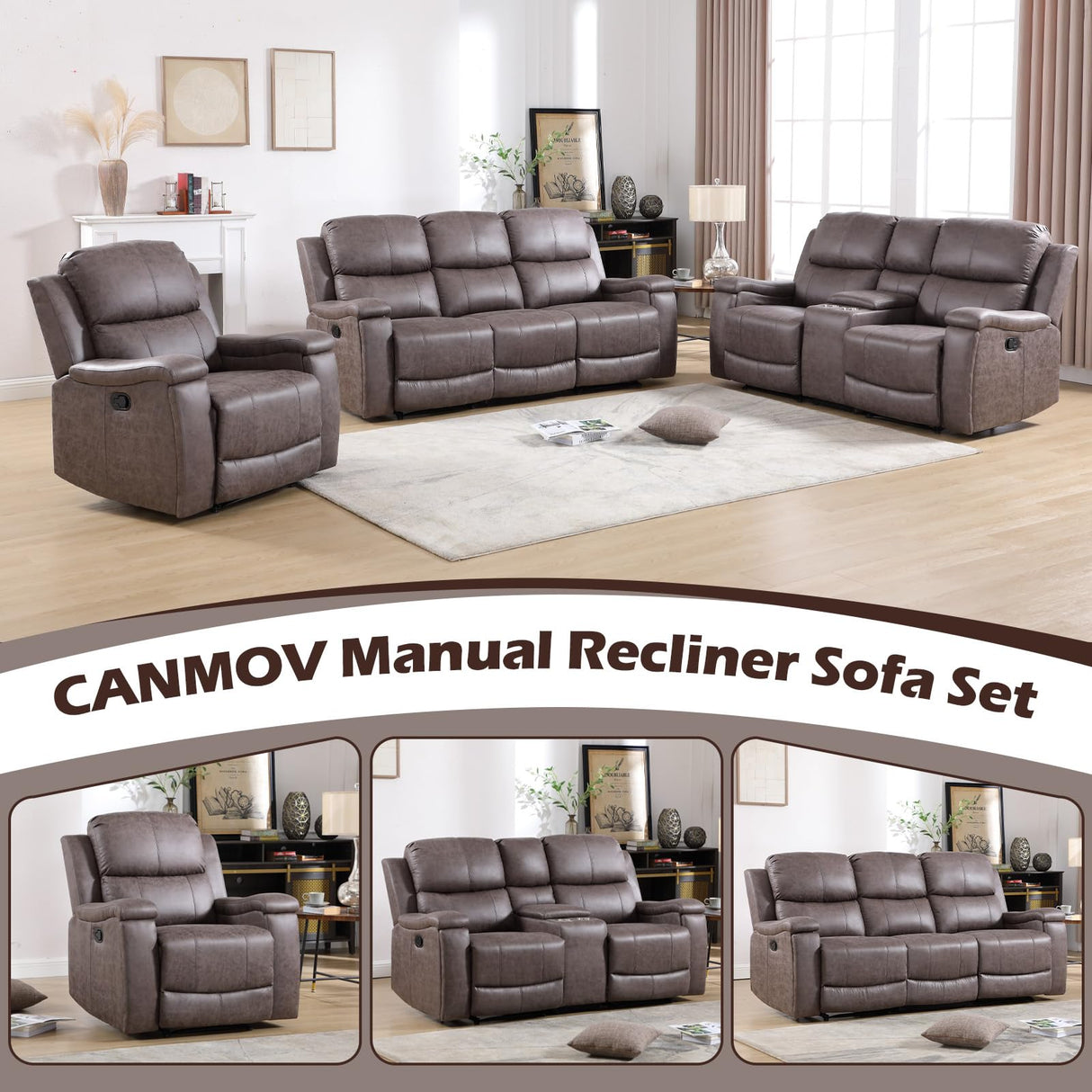 CANMOV Faux Leather Manual Reclining Sofa Furniture Set, Manual Recliner Chair, Manual Loveseat and 3 Seat Recliner Sofa Couch Set for Living Room,Grey CANMOV