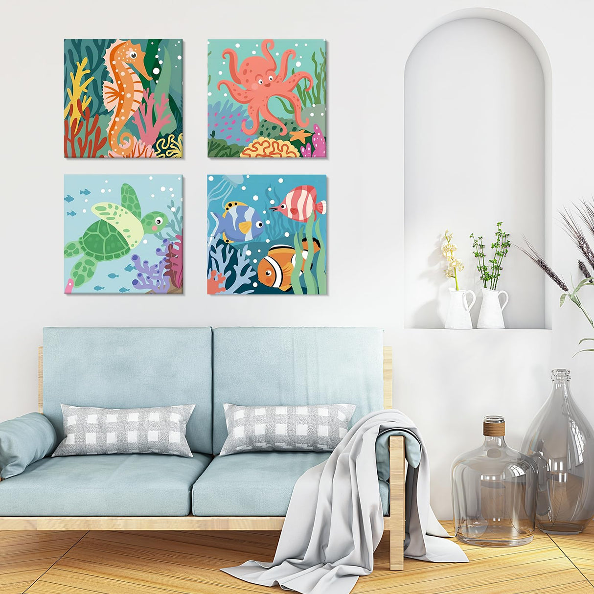 GHHKUD 4 Pack Framed Paint by Numbers Cartoon for Adults Beginners, DIY Cute Ocean Sea Animals Painting by Numbers with Wooden Frame, Art on Canvas Gifts Home Wall Decor 8x8in GHHKUD