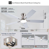 NKPU Ceiling Fans with Lights, 52 Inch Low Profile Ceiling Fan with Light and Remote Control, Flush Mount, DC Reversible Motor, Dimmable LED Ceiling Fans for Bedroom,Indoor/Outdoor Patio Use（Nickel） NKPU