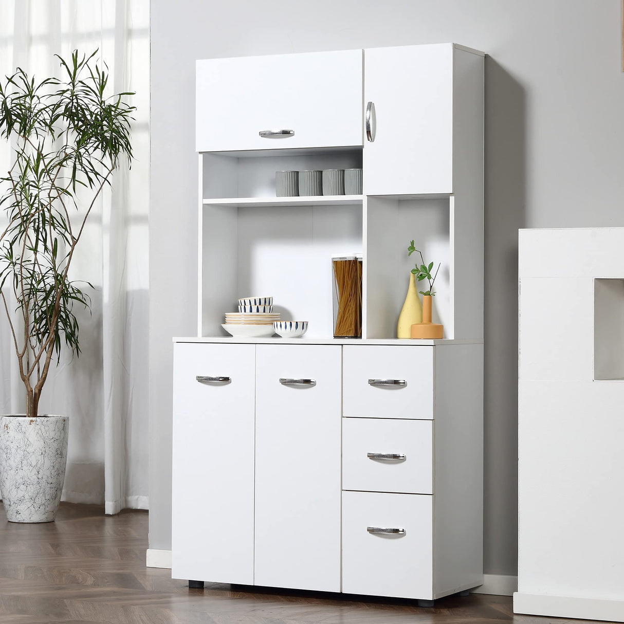 HOMCOM 66" Buffet with Hutch, Freestanding Kitchen Pantry with 2 Large Cabinets, 1 Pull Up Cabinet, 3 Drawers & Wide Countertop, White HOMCOM