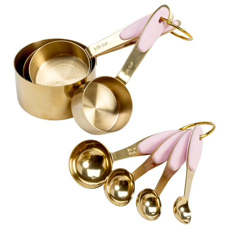 Paris Hilton Measuring Cups and Spoons Set, Stainless Steel with Pink Silicone Inset Handle, Dishwasher Safe, For Dry and Liquid Ingredients, 8-Piece Set, Gold and Pink Paris Hilton