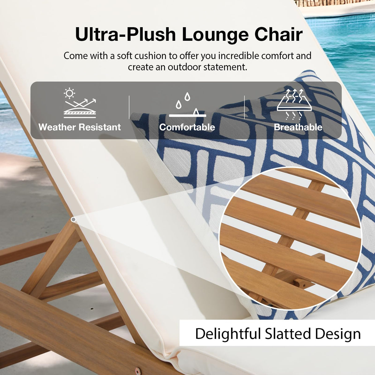 Patiorama Patio Acacia Wood Chaise Lounge Set of 2, Outdoor Folding Lounge Chair Recliner w/Adjustable Backrest, Wheels, Padded Cushion, Portable Sun Lounger Pool Chair for Deck, FSC Certified, Cream Patiorama