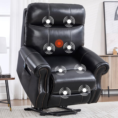 CANMOV Genuine Leather Power Lift Recliner Chair for Elderly, with Massage and Heat, Electric Lift Recliner for Seniors, Side Pocket, Type-C and USB Port, Black CANMOV