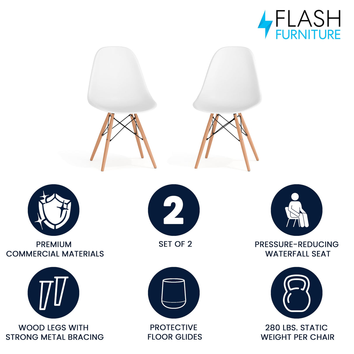 Flash Furniture Elon Series Plastic Modern Dining Chairs with Wooden Legs, Mid-Century Side Chairs for Dining Rooms and Offices, Set of 2, White Flash Furniture