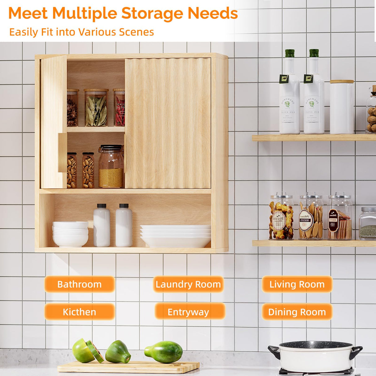 VINGLI Fluted Modern Medicine Cabinet,Bathroom Wall Cabinet Over Toilet Storage, Upper Floating Countertop Storage for Bathroom, Laundry Room,Small Hanging Kitchen Wall Cabinets (Natural Oak Color) VINGLI
