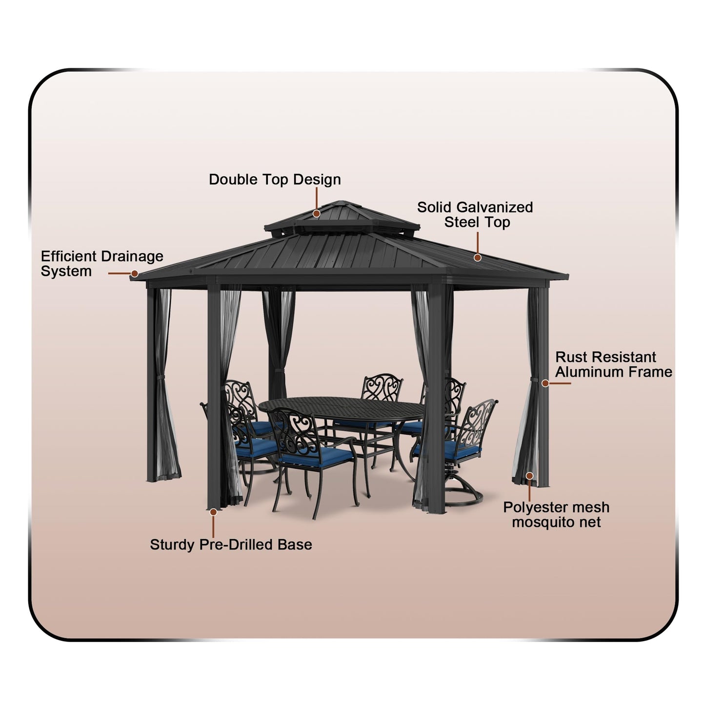 15x15Ft Hexagon Hardtop Gazebo Heavy Duty Aluminum Frame Patio Gazebo Double Roof Outdoor Pavilion with Nettings & Ceiling Hook for Patio Backyard Deck Lawns - WoodArtSupply