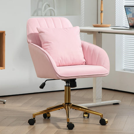 Modern Office Desk Chair with Back & Wheels for Makeup Room, Vanity Chair with Gold Legs & Pillow in Velvet, Home Computer Chairs for Indoor, 360°Swivel Office Chairs Adjustable Height (Pink) NTailed FOX