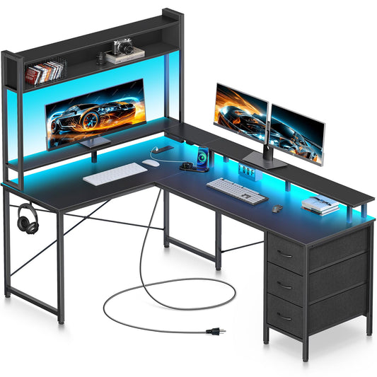 Seventable L Shaped Gaming Desk with Drawers, Reversible Computer Desk with LED Lights & Power Outlet, Home Office Desk with Monitor Stand, Hook, Corner Desk with Storage Shelves, Black - WoodArtSupply