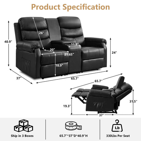 ZRNINR Loveseat Reclining Sofa, Home Theater Seating with Center Console, RV Recliner Sofa with Cup Holders and Pockets, Manual Double Seater Recliner for Living Room, Motor Home, Cinema(Black) ZRNINR