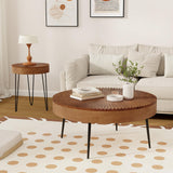 COSTWAY Farmhouse Round Coffee Table Set of 2, Rustic Sofa Side Tea Tables w/Wood Finish, Metal Frame, Adjustable Foot Pads, Nesting End Table Set for Living Room, Bedroom (Radial Pattern, Brown) COSTWAY