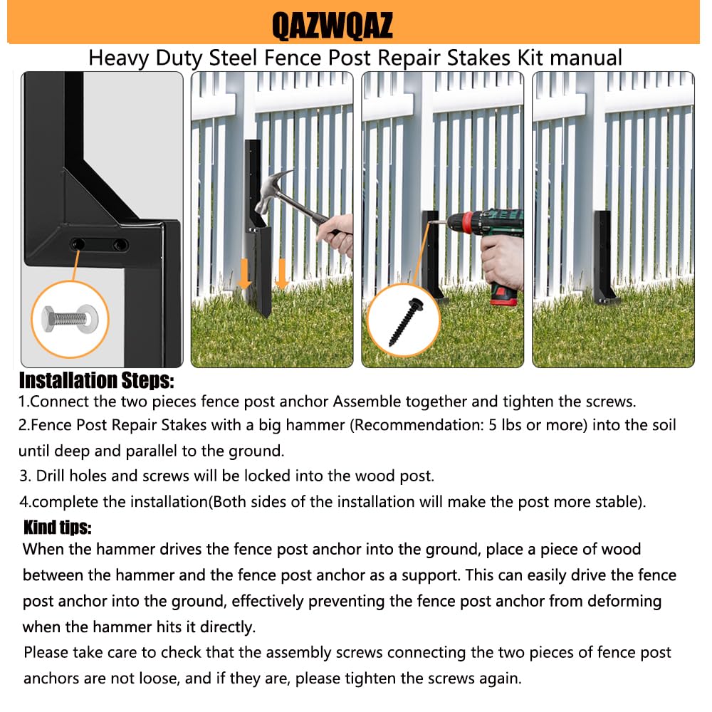 Fence Post Repair Stakes Kit - Heavy Duty Steel Wooden Fence Post Repair Bracket Anchor with Anti-Rust - Quick Fix Broken and Leaning Wood Fence Post Stabilizer Ground Spike (1 Pack) QAZWQAZ