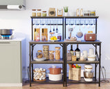 Furologee Bakers Rack with Power Outlet and LED Light, Small Coffee Bar Station with 4 Tier Shelves, Microwave Stand Table with 6 S Hooks, Kitchen Storage Rack for Spices, Pots, Black Oak Furologee